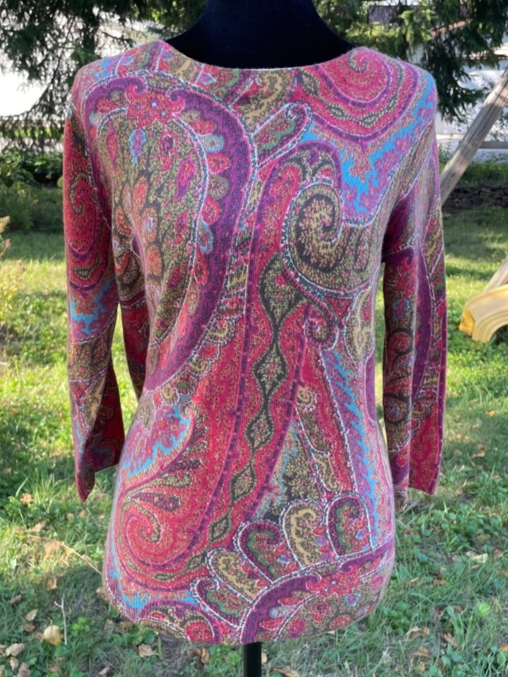 Y2K Talbots Sweater 3/4 Sleeve 100% Cashmere Paisley Purple Pink Boho Coquette L